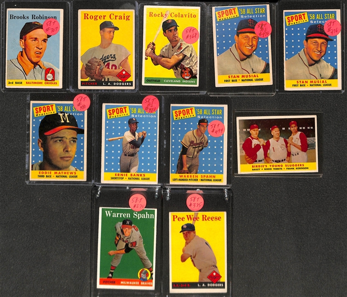 Lot of (20+) 1958 Topps Baseball Stars w. Ted Williams, Willie Mays, Hank Aaron, Stan Musial and Others