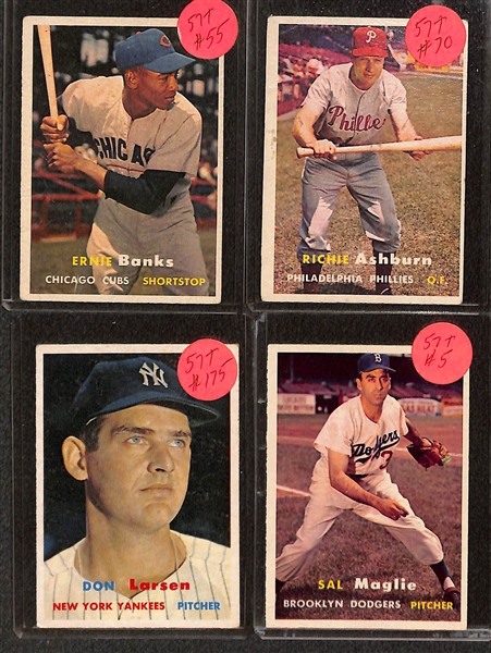 Lot of (19) 1957 Topps Baseball Cards w. Banks, Mathews, Kaline, Larson, and Others