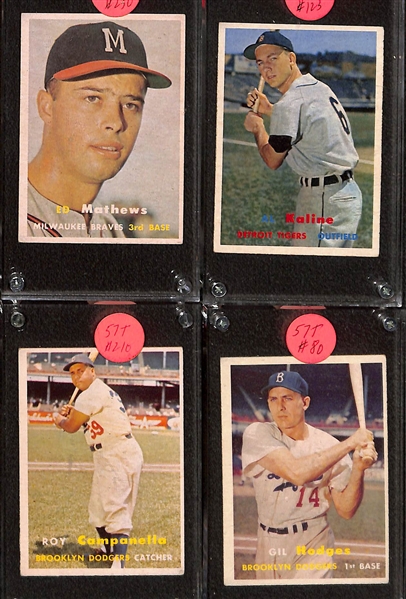 Lot of (19) 1957 Topps Baseball Cards w. Banks, Mathews, Kaline, Larson, and Others