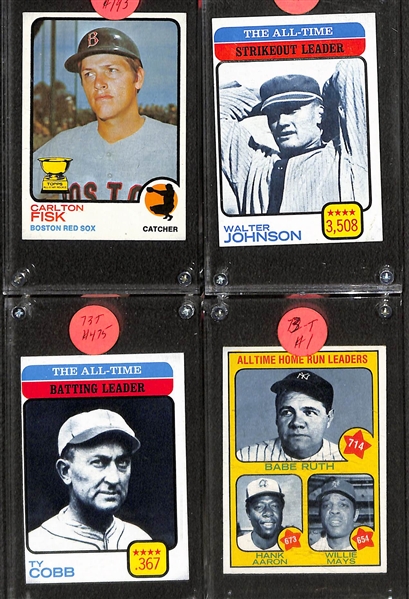 Lot of (65+) 1970s Topps Baseball Cards w. Pete Rose, Willie Mays, Carlton Fisk, Nolan Ryan, Roberto Clemente, and Many More
