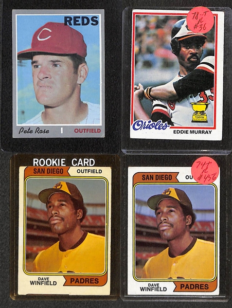 Lot of (65+) 1970s Topps Baseball Cards w. Pete Rose, Willie Mays, Carlton Fisk, Nolan Ryan, Roberto Clemente, and Many More