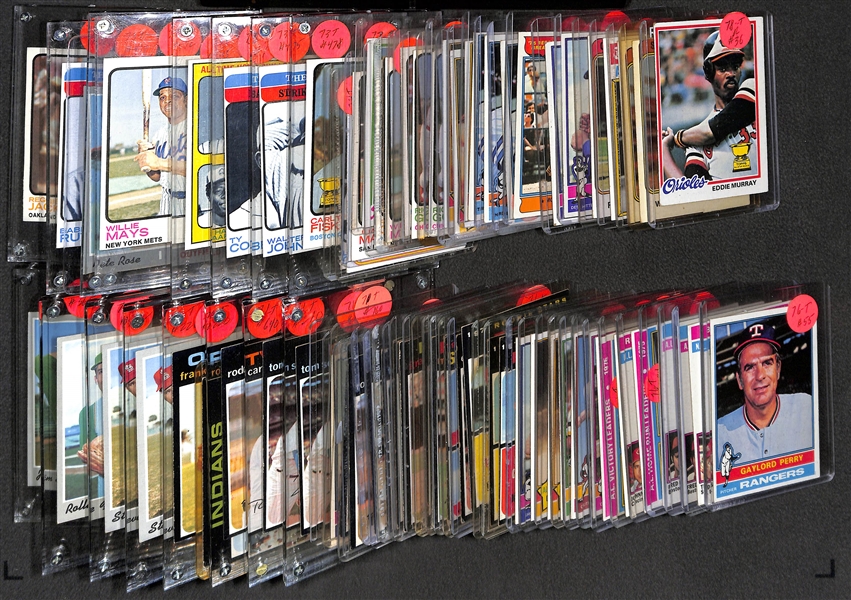 Lot of (65+) 1970s Topps Baseball Cards w. Pete Rose, Willie Mays, Carlton Fisk, Nolan Ryan, Roberto Clemente, and Many More