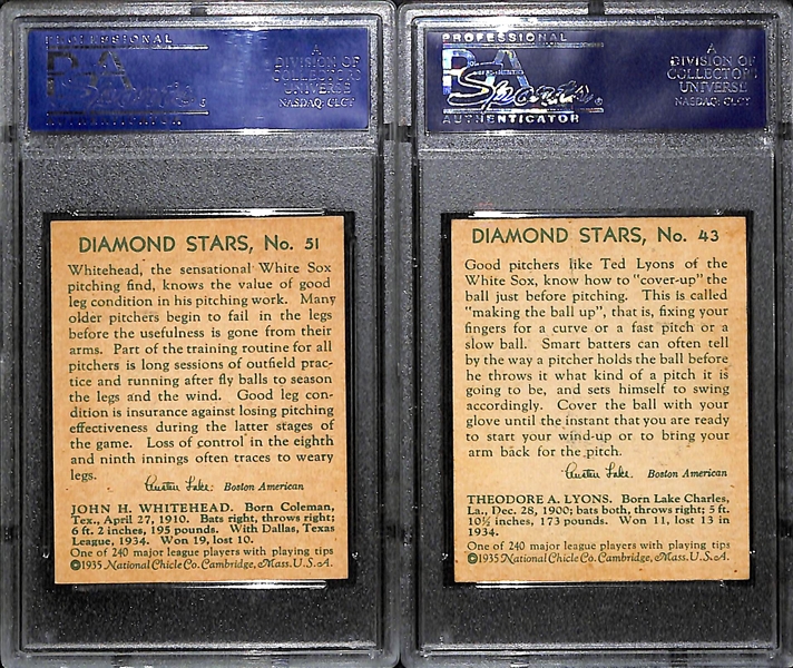 1935 Diamond Stars John Whitehead # 51 PSA 8 and Ted Lyons # 43 PSA 7.5