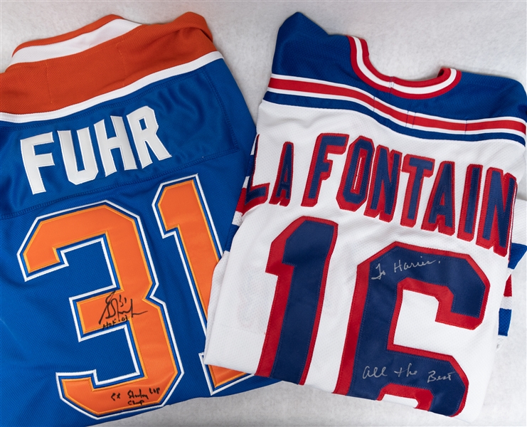 (2) Autographed Authentic Hockey Jerseys - Grant Fuhr & Pat LaFontaine (JSA Auction Letter)