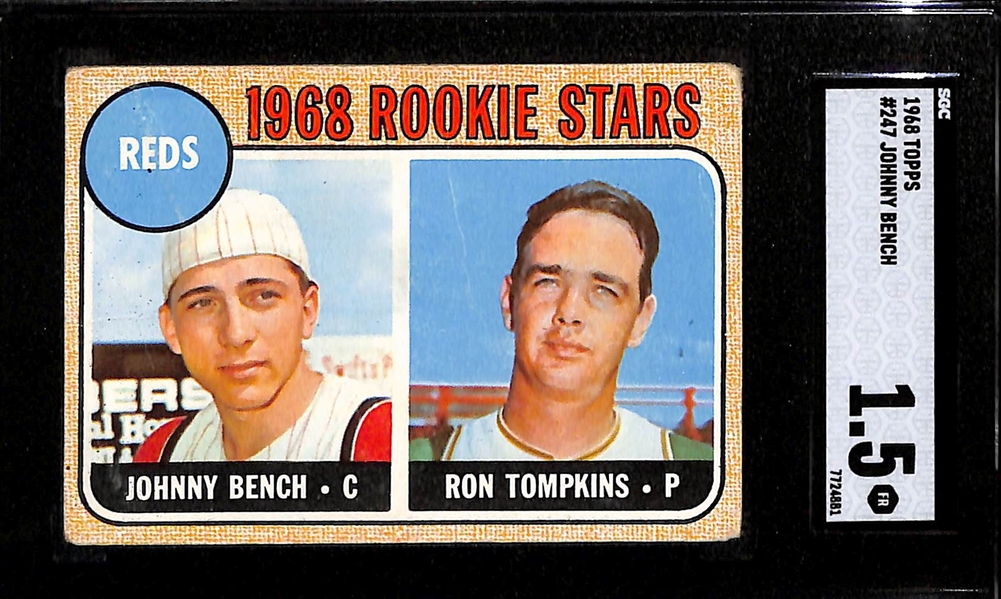 1968 Topps Johnny Bench Rookie Card #247 (Reds Rookie Stars) Graded SGC 1.5