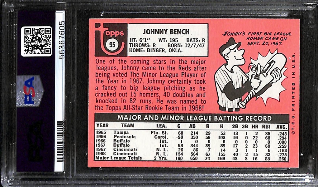 1969 Topps Johnny Bench #95 All-Star Rookie (2nd Year) Card Graded PSA 7 NM