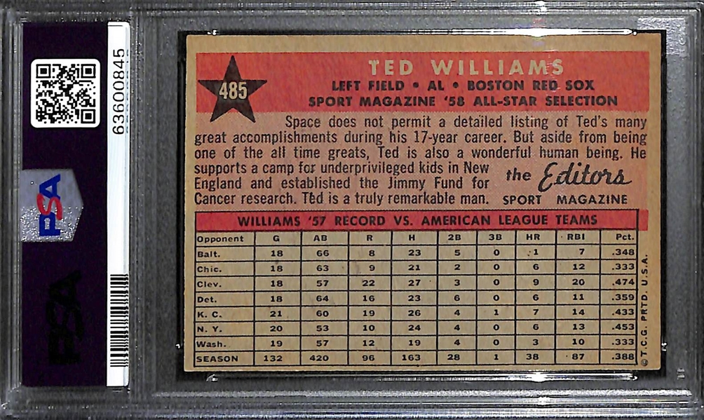 1958 Topps Ted Williams All-Star #485 Graded PSA 5 EX