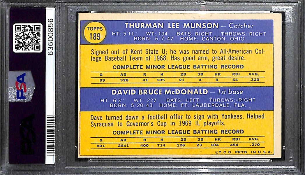 1970 Topps Thurman Munson Rookie Card #189 Graded PSA 6 EX-MT