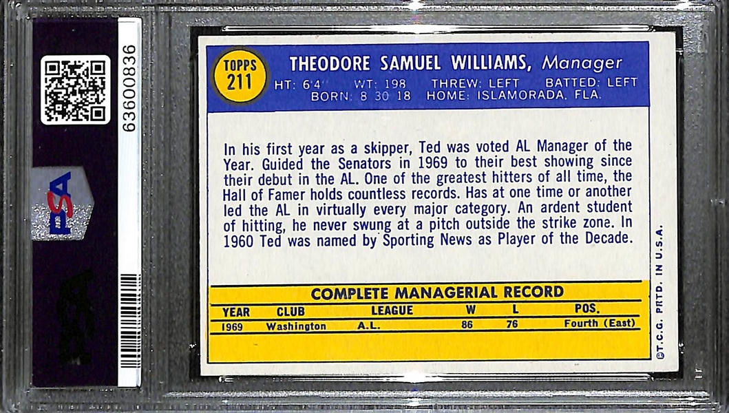 Pack Fresh 1970 Topps Ted William #211 Graded PSA 8 NM-MT