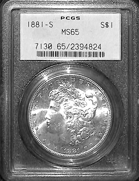 Lot of (3) Graded (MS65) Morgan Silver Dollars (1880-S, 1881-S, 1883-O) & 1878-S Silver Trade Dollar