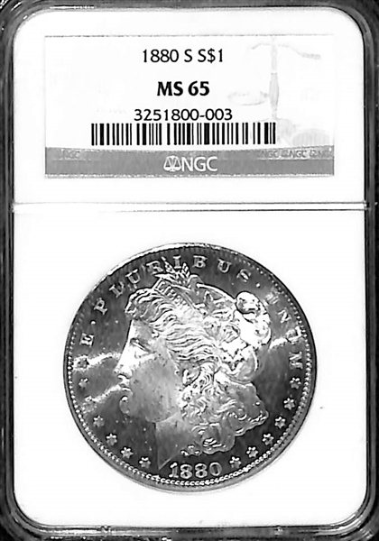 Lot of (3) Graded (MS65) Morgan Silver Dollars (1880-S, 1881-S, 1883-O) & 1878-S Silver Trade Dollar