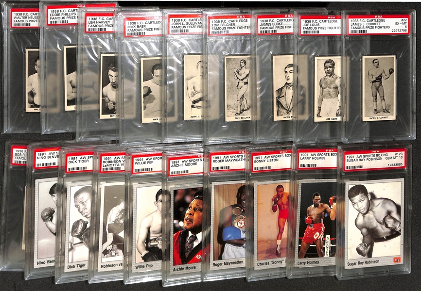 Lot of (19) PSA Graded Boxing Cards w. (9) 1938 F.C. Cartledge Inc. Corbett, Louis, and Sullivan and (10) 1991 AW Sports Boxing Cards All Graded PSA 10!