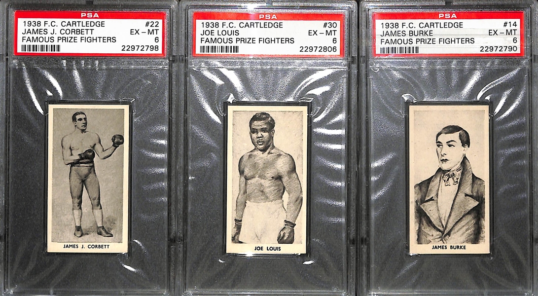 Lot of (19) PSA Graded Boxing Cards w. (9) 1938 F.C. Cartledge Inc. Corbett, Louis, and Sullivan and (10) 1991 AW Sports Boxing Cards All Graded PSA 10!