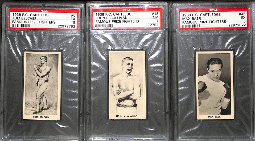 Lot of (19) PSA Graded Boxing Cards w. (9) 1938 F.C. Cartledge Inc. Corbett, Louis, and Sullivan and (10) 1991 AW Sports Boxing Cards All Graded PSA 10!