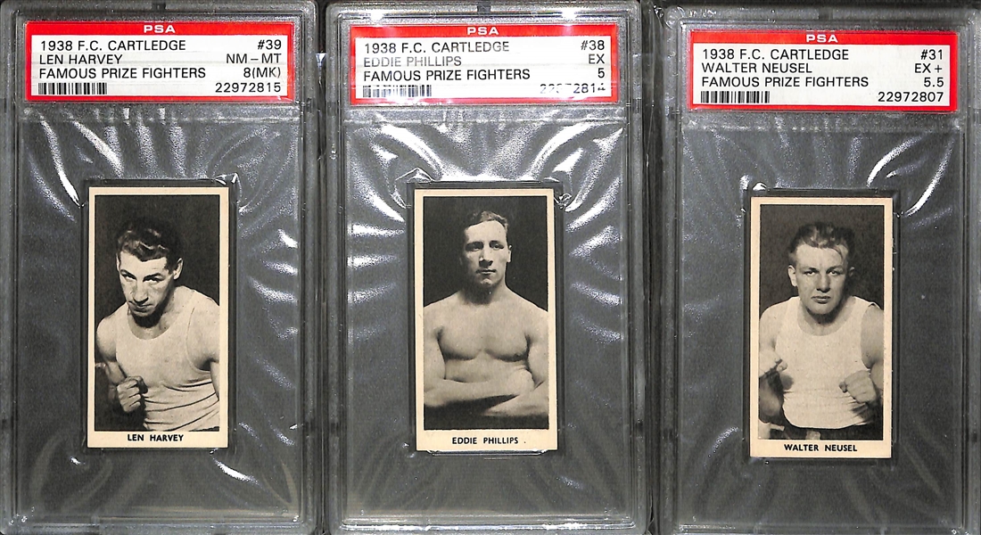 Lot of (19) PSA Graded Boxing Cards w. (9) 1938 F.C. Cartledge Inc. Corbett, Louis, and Sullivan and (10) 1991 AW Sports Boxing Cards All Graded PSA 10!