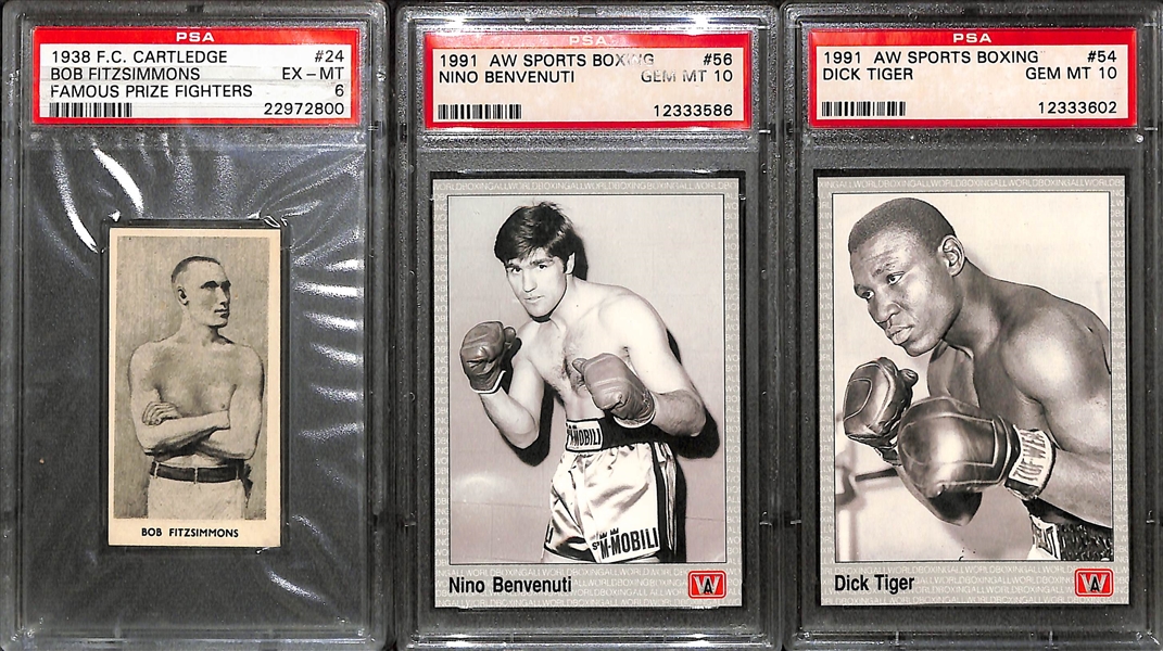 Lot of (19) PSA Graded Boxing Cards w. (9) 1938 F.C. Cartledge Inc. Corbett, Louis, and Sullivan and (10) 1991 AW Sports Boxing Cards All Graded PSA 10!