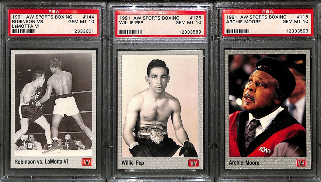 Lot of (19) PSA Graded Boxing Cards w. (9) 1938 F.C. Cartledge Inc. Corbett, Louis, and Sullivan and (10) 1991 AW Sports Boxing Cards All Graded PSA 10!