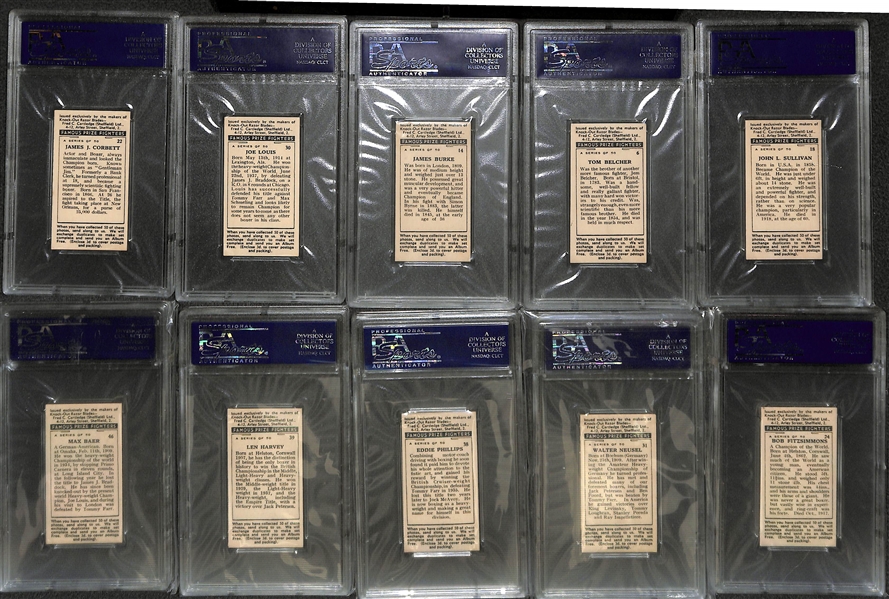 Lot of (19) PSA Graded Boxing Cards w. (9) 1938 F.C. Cartledge Inc. Corbett, Louis, and Sullivan and (10) 1991 AW Sports Boxing Cards All Graded PSA 10!