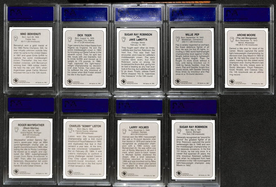 Lot of (19) PSA Graded Boxing Cards w. (9) 1938 F.C. Cartledge Inc. Corbett, Louis, and Sullivan and (10) 1991 AW Sports Boxing Cards All Graded PSA 10!