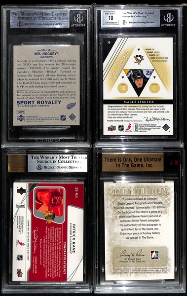 Lot of (4) Graded/Encased Autographs and Insert Hockey Cards w. Howe, Lemieux, Kane, and Parent