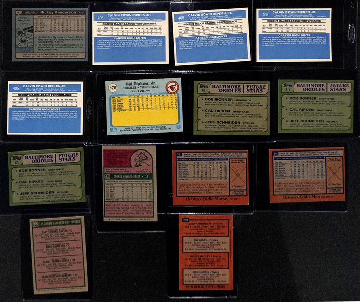Lot of (14) 1970s & 80s HOF Baseball Rookie Cards w. Rickey Henderson, Cal Ripken, George Brett, Eddie Murray and Others