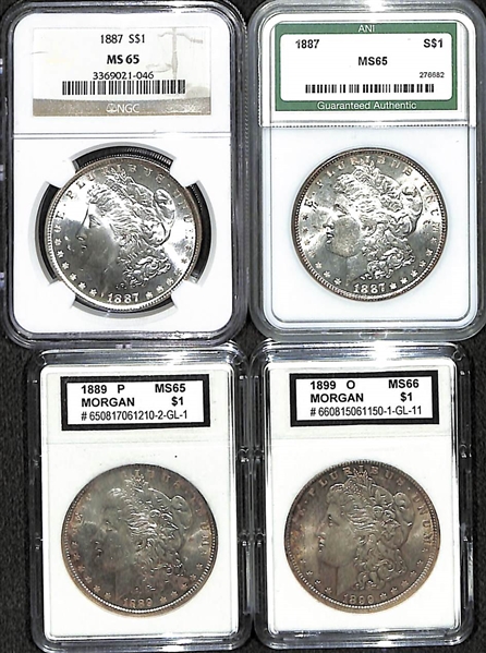 Lot of (4) Graded Morgan Silver Dollars (1887, 1887-S, 1889, 1889-O)