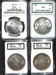 Lot of (4) Graded Morgan Silver Dollars (1887, 1887-S, 1889, 1889-O)