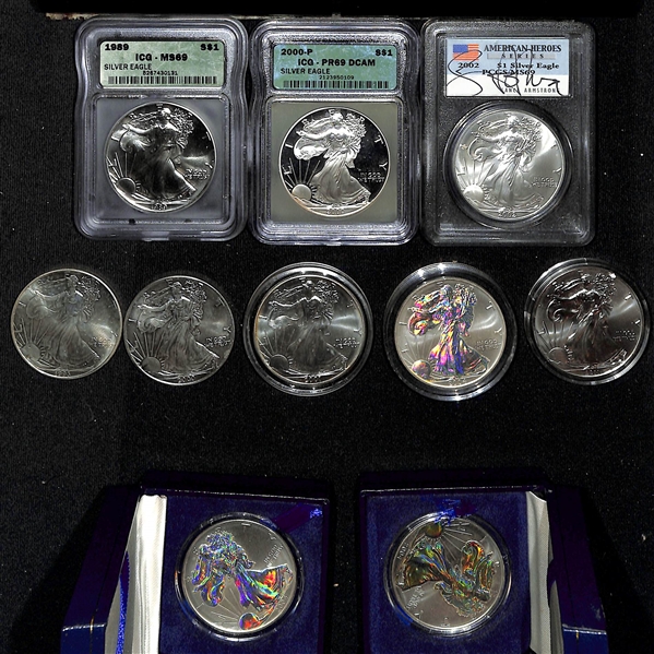 Lot of 10 Troy Ounces of Silver Eagle Coins w. (3) Graded Examples (MS69, MS69, PR69)