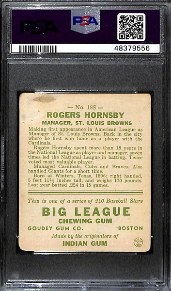 1933 Goudey Rogers Hornsby #188 Graded PSA 1.5 FR