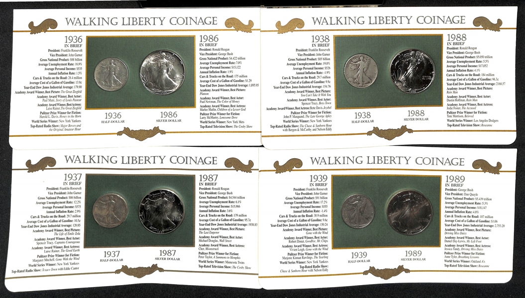 Lot of (11) Uncirculated Eagle Silver Dollars from 1986-1997 & (11) Circulated  Standing Liberty Half Dollars from 1936-1947 Affixed to Their Informational Presentation Cards