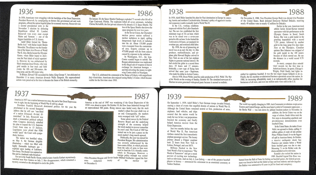 Lot of (11) Uncirculated Eagle Silver Dollars from 1986-1997 & (11) Circulated  Standing Liberty Half Dollars from 1936-1947 Affixed to Their Informational Presentation Cards