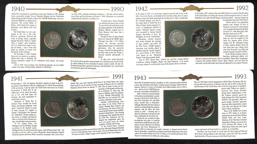 Lot of (11) Uncirculated Eagle Silver Dollars from 1986-1997 & (11) Circulated  Standing Liberty Half Dollars from 1936-1947 Affixed to Their Informational Presentation Cards