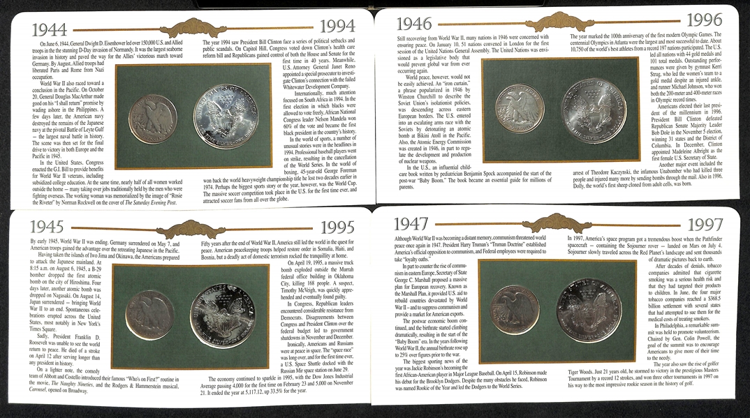 Lot of (11) Uncirculated Eagle Silver Dollars from 1986-1997 & (11) Circulated  Standing Liberty Half Dollars from 1936-1947 Affixed to Their Informational Presentation Cards