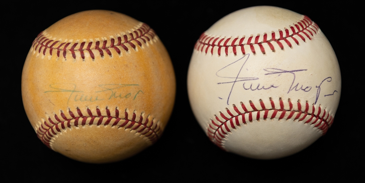 Lot of (2)  Willie Mays Single Signed Official National League Baseballs On The Sweet Spot (JSA Auction Letter)