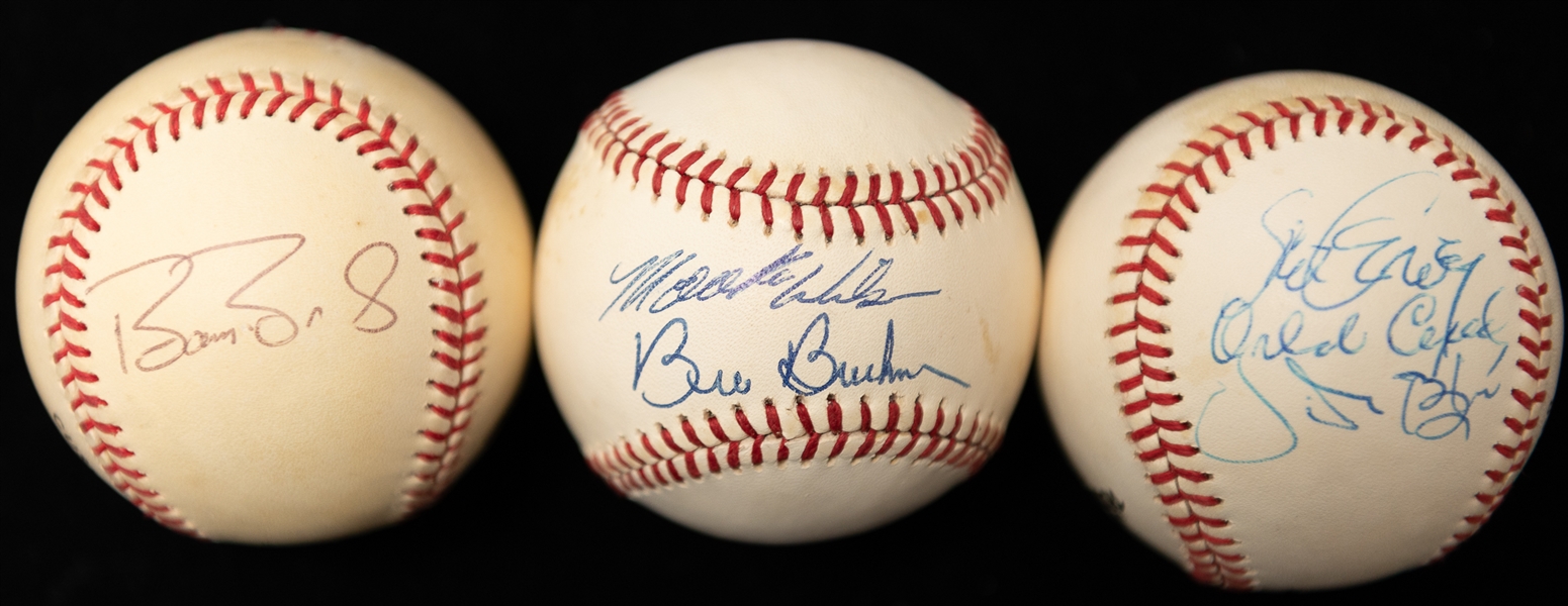 Lot of (3) Multi-Autographed Baseballs w. Bonds/Young, Cepeda/Garvey/Blue and Buckner/Wilson (JSA Auction Letter)