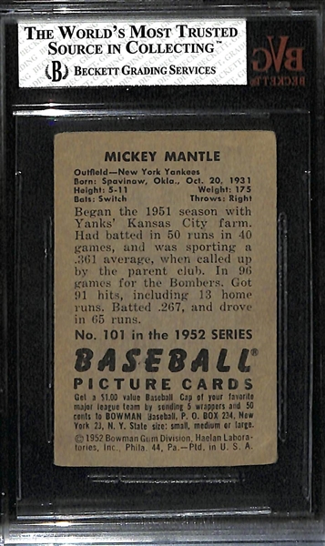 1952 Bowman Mickey Mantle #101 Graded Beckett BVG 2 GD (Clean with Great Eye Appeal!)