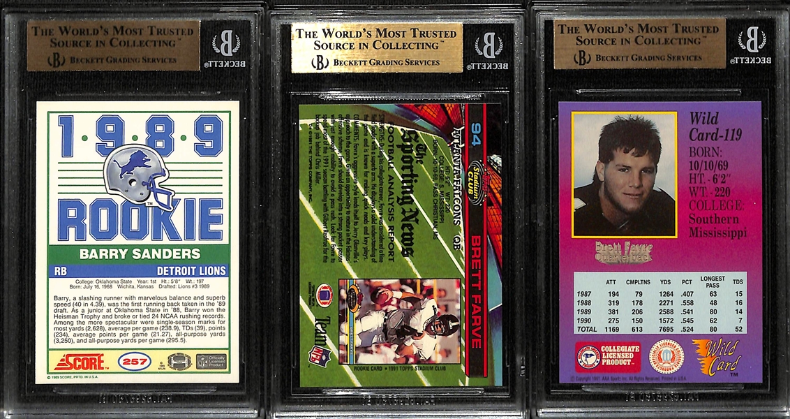 Lot of (3) BGS Graded Rookie Lot with 1989 Score Barry Sanders BGS 9.5 and 1991 Stadium Club and Wild Card Brett Favre BGS 9.5s
