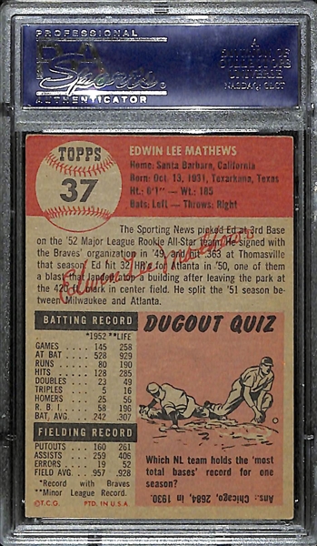 1953 Topps #37 Eddie Ed Mathews Graded PSA 6 EX-MT