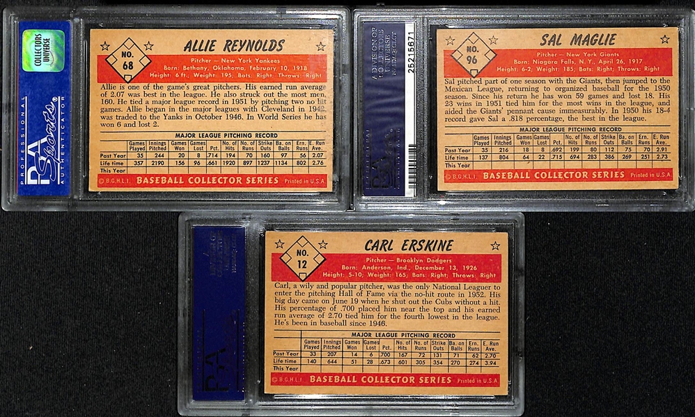 (3) Graded 1953 Bowman Color Cards - Allie Reynolds #68 (PSA 6), Carl Erskine #12 (PSA 5.5), Sal Maglie #96 (PSA 5)