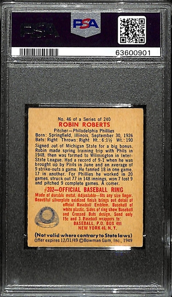 1949 Bowman Robin Roberts Rookie Card #46 Graded PSA 2 