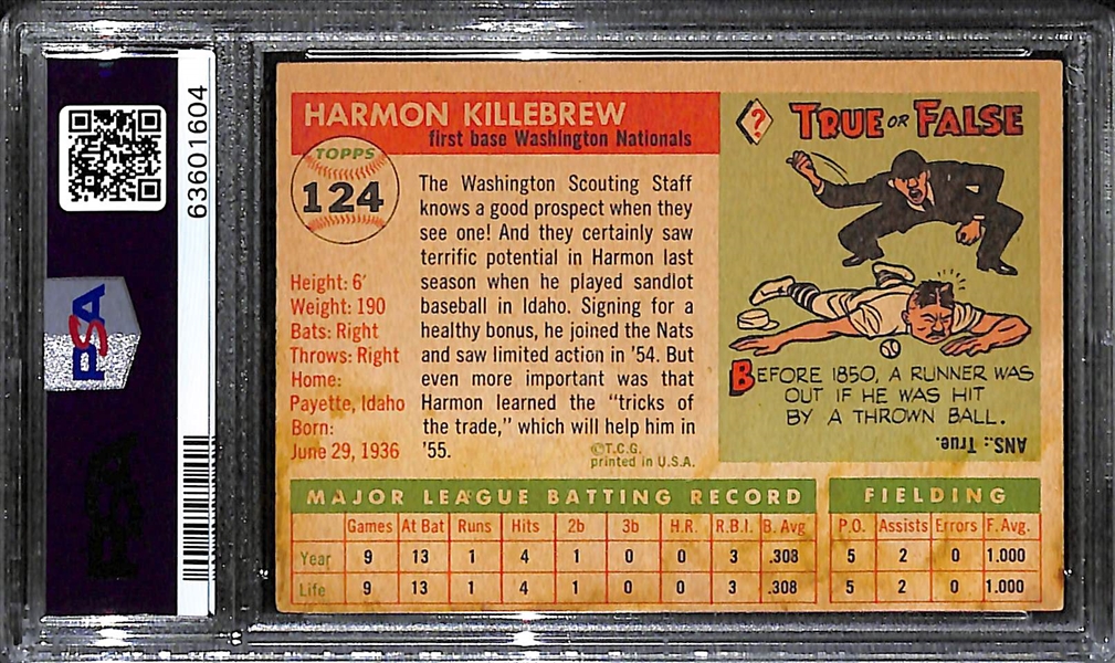1955 Topps Harmon Killebrew Rookie Card #124 Graded PSA 2 GD