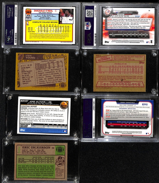 (7) Rookie Cards w. Topps Gold Shaquille O'Neal (PSA 9), 2017 Bowman Aaron Judge (PSA 10), 1987 Topps Steve Young, 1985 Topps Mark McGwire, +