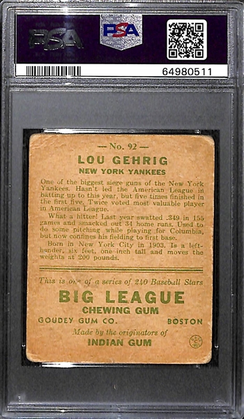 1933 Goudey Lou Gehrig #92 Graded PSA 1