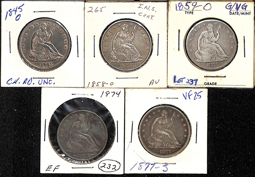 Lot of (5) Liberty Seated Half Dollars from 1845-O to 1877-S