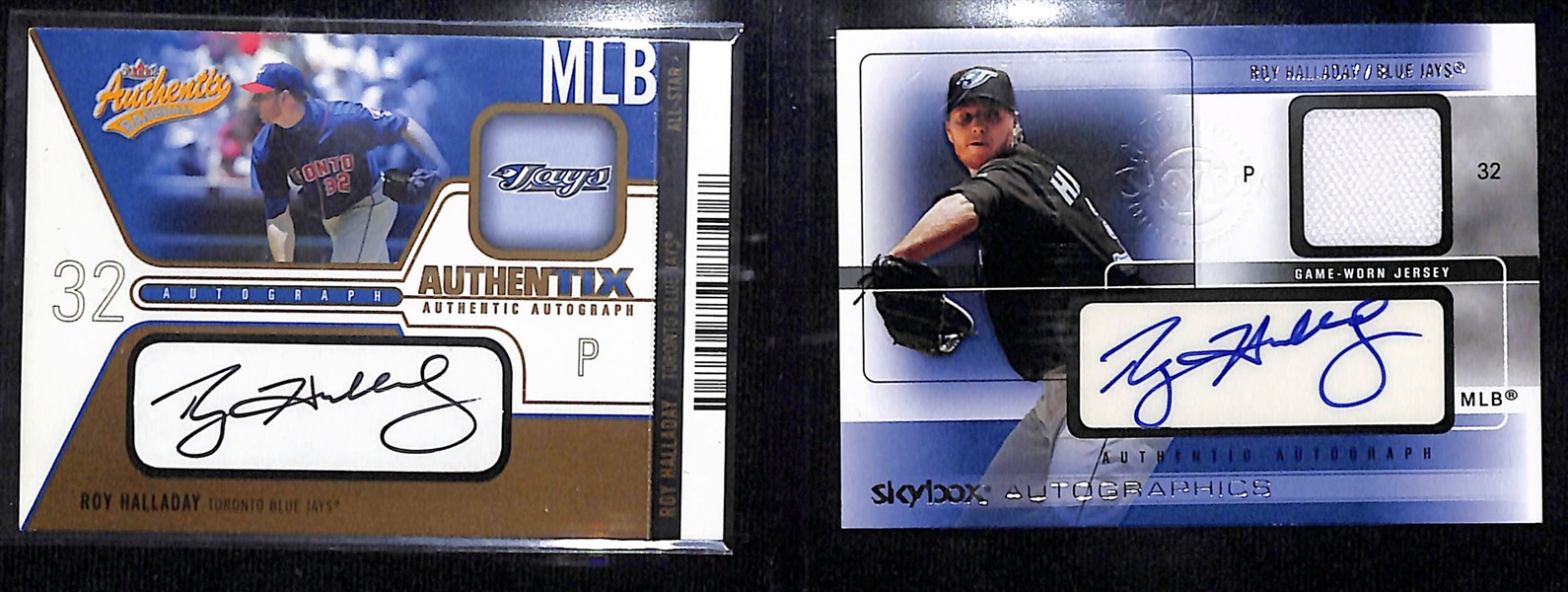 2004 Fleer Authentix & 2005 Skybox Autographics Roy Halladay Autographed Baseball Cards Both #d /75