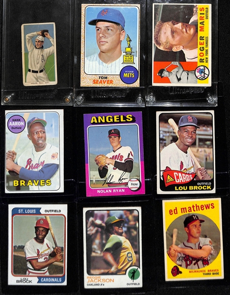 (9) Vintage Baseball Cards w. T206 Krause, 1968 Topps Seaver, 1960 Topps Maris, 1969 Topps Aaron, 1975 N. Ryan, (2) Lou Brock, Reggie Jackson