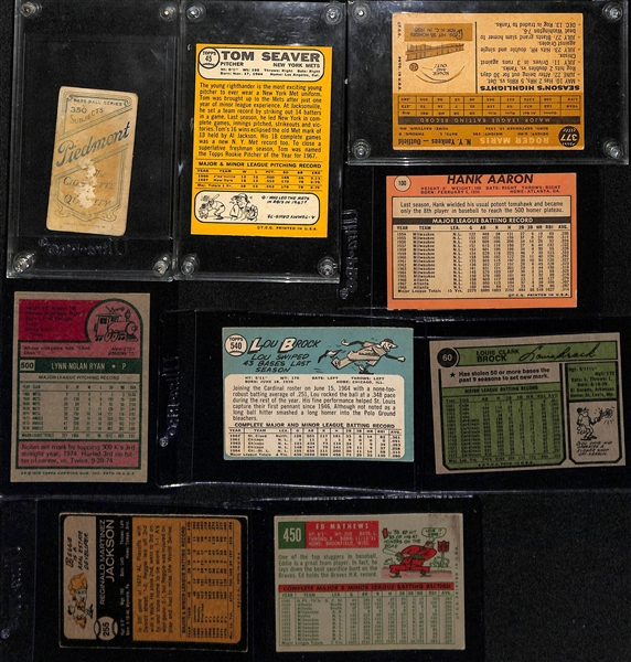 (9) Vintage Baseball Cards w. T206 Krause, 1968 Topps Seaver, 1960 Topps Maris, 1969 Topps Aaron, 1975 N. Ryan, (2) Lou Brock, Reggie Jackson
