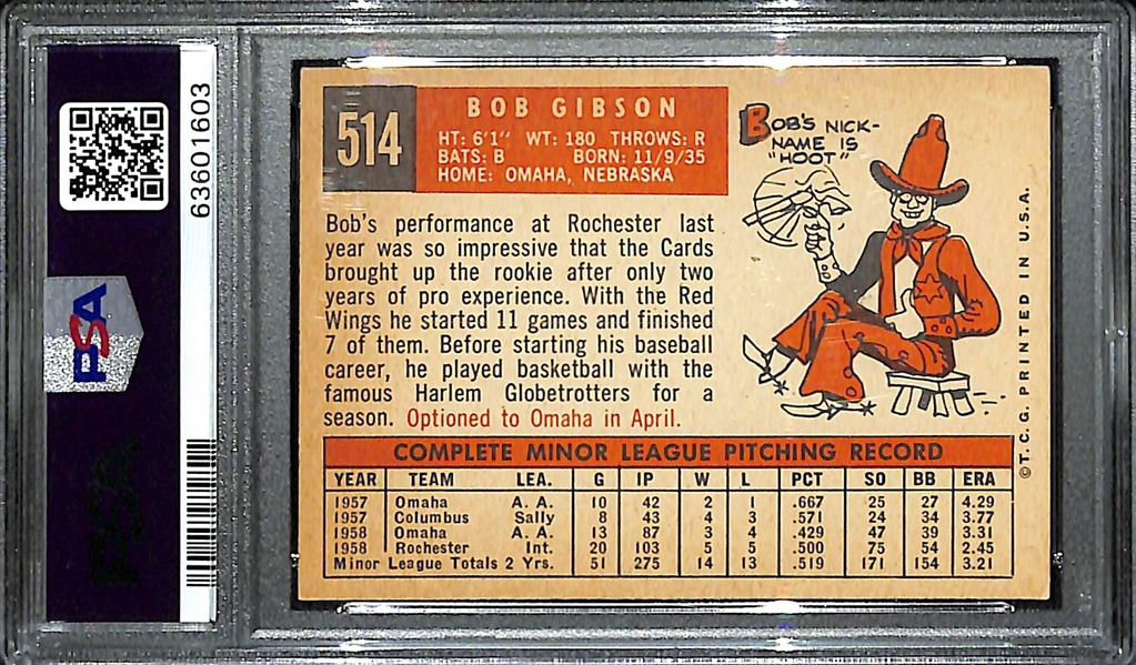 1959 Topps Bob Gibson #514 Rookie Card Graded PSA 5 EX