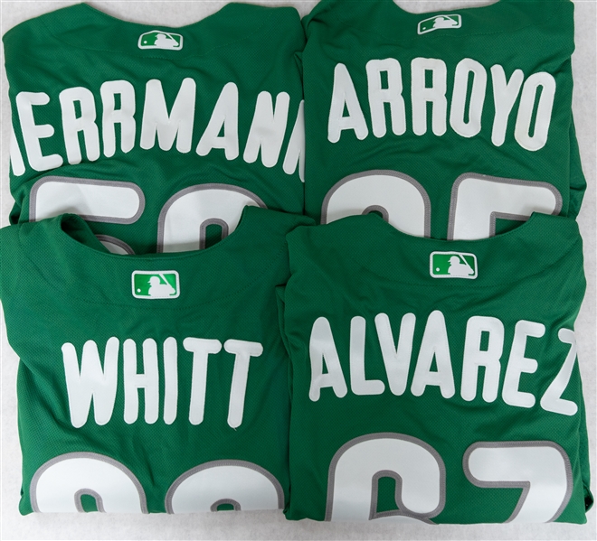 Lot of (4) Majestic Phillies St. Patrick's Day Team Issued Spring Training Jerseys w. Coach Ernie Whitt (MLB Cert)