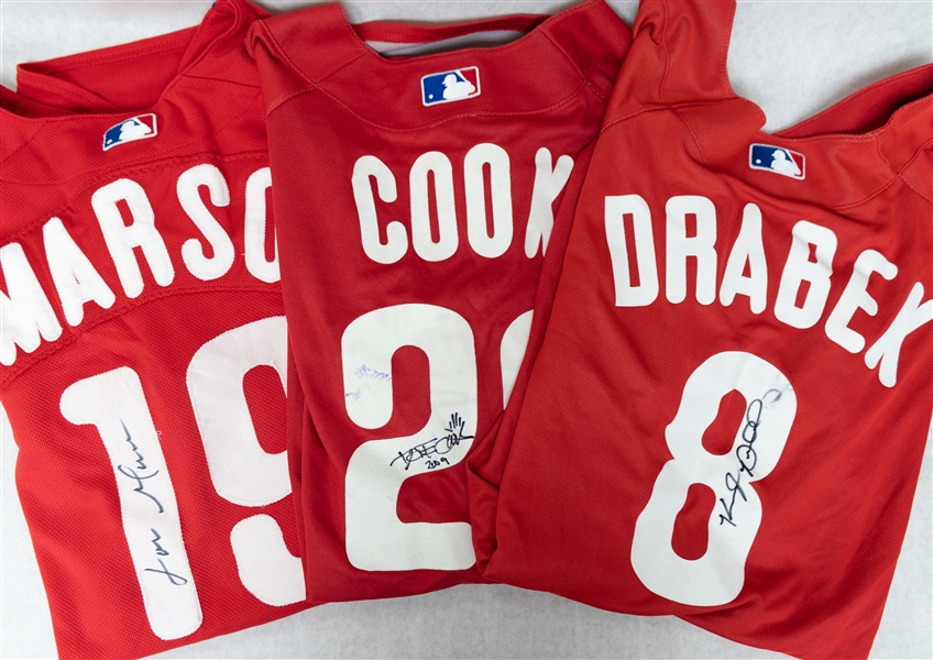 Lot of (3) Autographed Majestic Authentic Team Issued Spring Training Phillies Jerseys w. Lou Marson (JSA Auction Letter) 